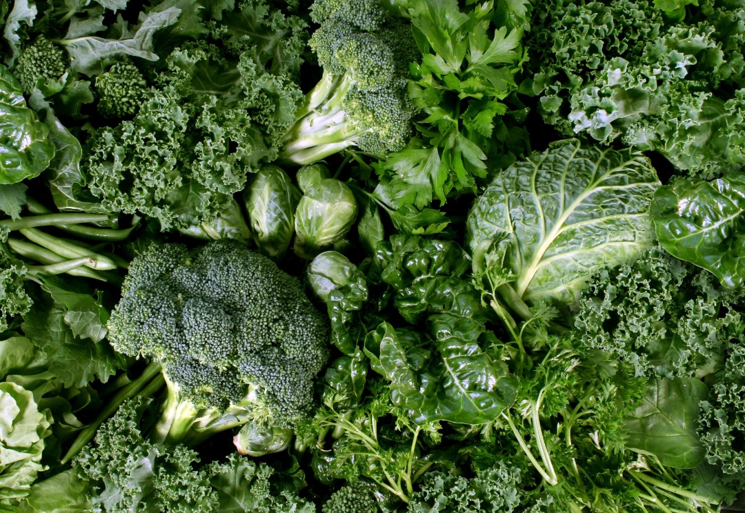 Close-up of assorted fresh leafy green vegetables including broccoli, kale, cabbage, parsley, and brussels sprouts for healthy eating.
